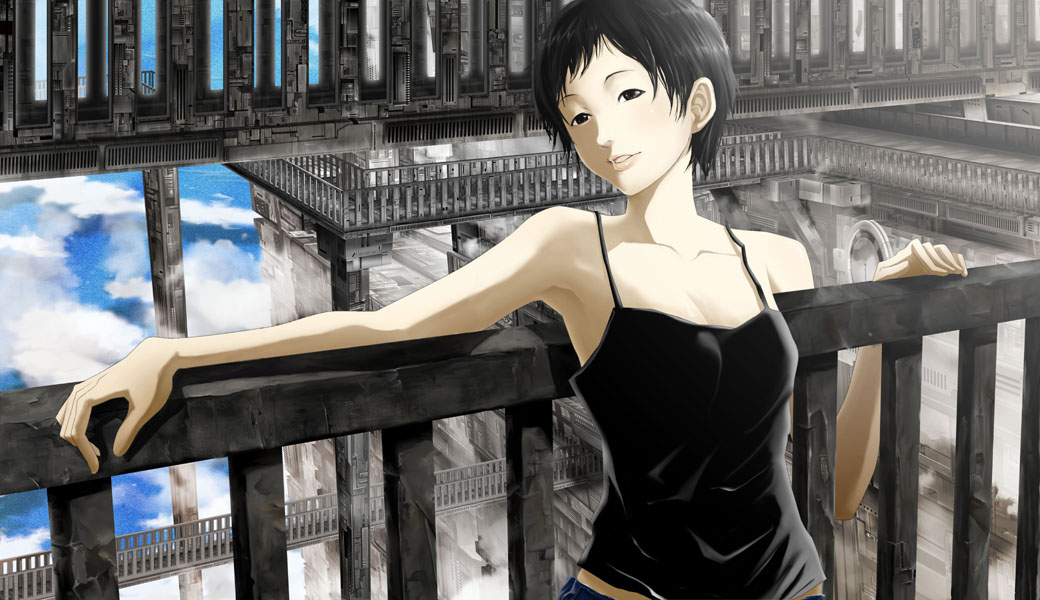 71 (nanaichi drafting), 1girl, armpits, black eyes, black hair, camisole, cloud, female focus, lips, ocean, railing, science fiction, short hair, solo, tank top