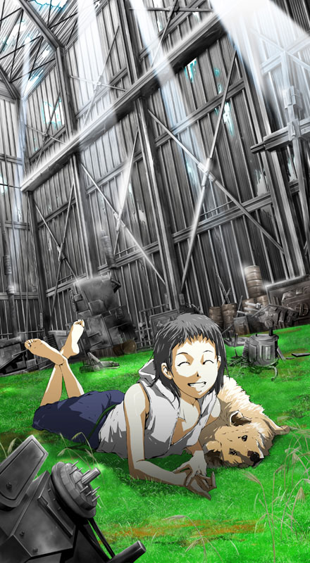 71 (nanaichi drafting), barefoot, dog, feet, grass, hood, hoodie, smile, solo