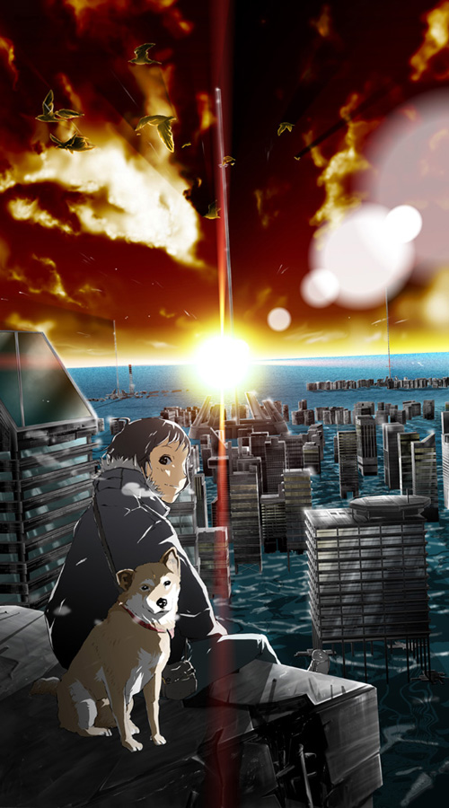 71 (nanaichi drafting), original, 1girl, bird, cityscape, cold, dog, dystopia, female focus, ocean, ruins, scenery, science fiction, solo, sunset, water