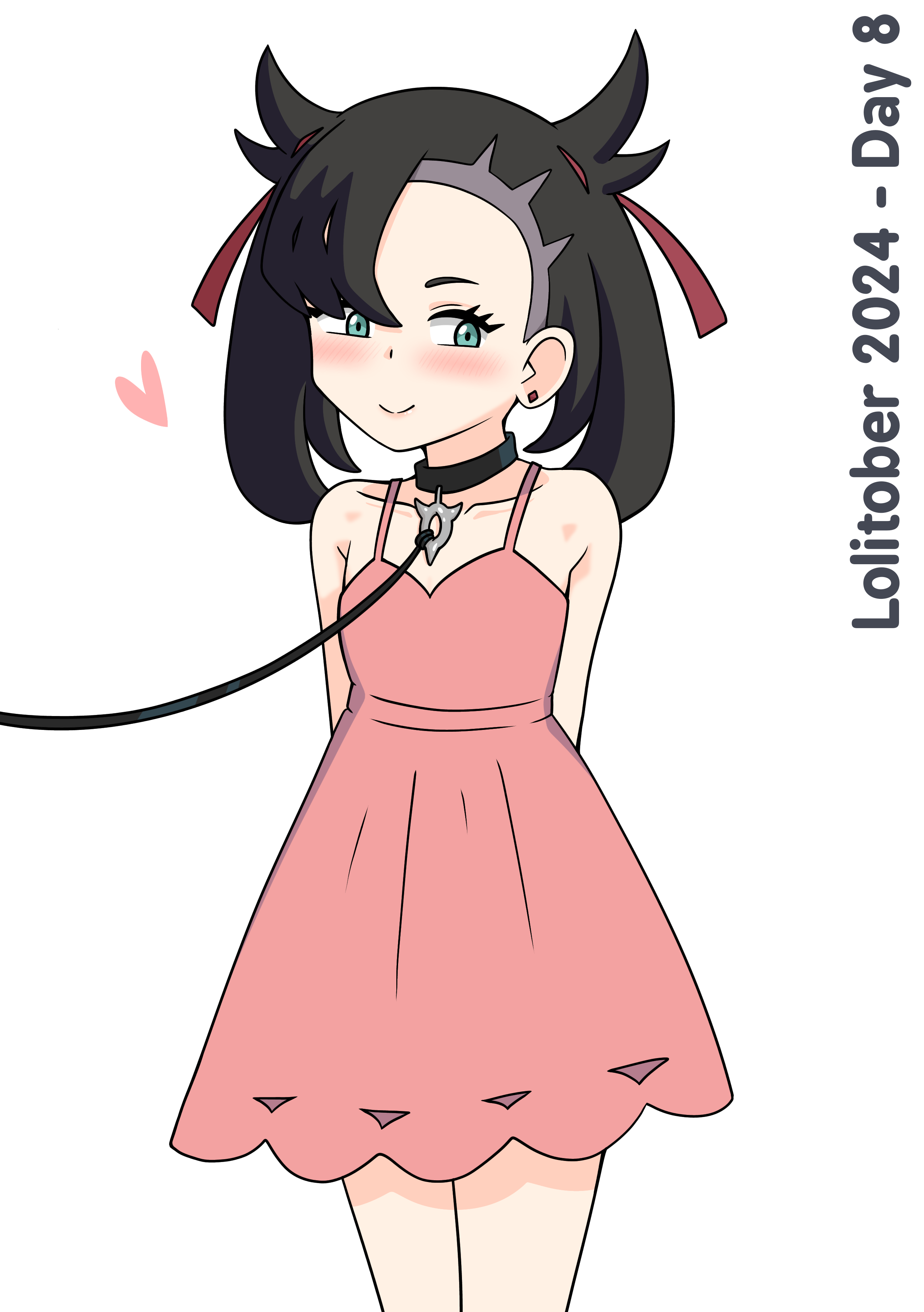 yiku1707, marnie (pokemon), nintendo, pokemon, pokemon swsh, absurdres, highres, 1girl, armpit crease, arms behind back, asymmetrical bangs, averting eyes, black choker, black collar, black hair, blush, choker, closed mouth, collar, dress, earrings, facing viewer, green eyes, hair ribbon, heart, hickey, jewelry, leash, pink dress, red ribbon, ribbon, sideways glance, simple background, smile, solo, stud earrings, twintails, white background