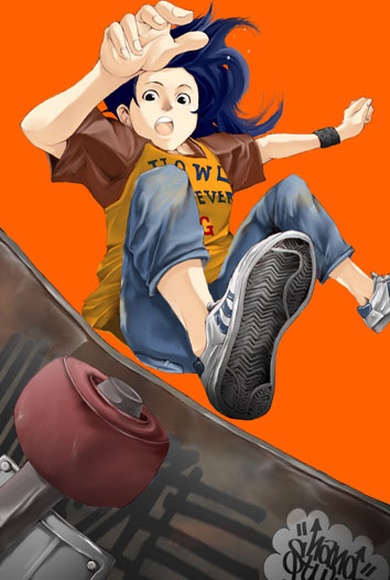 71 (nanaichi drafting), blue hair, falling, from below, jumping, skateboard, solo, tripping, wristband