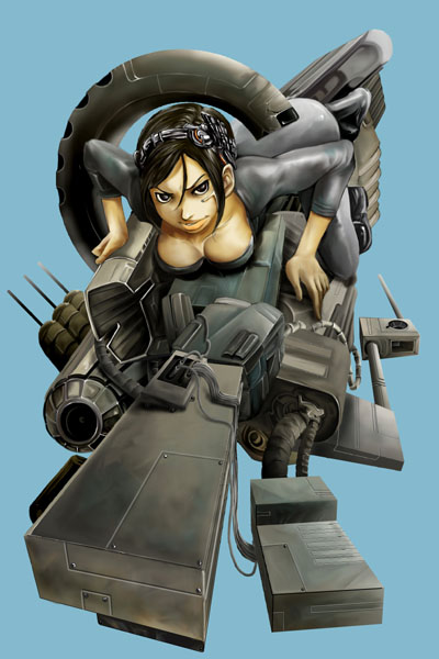 71 (nanaichi drafting), 1girl, bodysuit, breasts, brown hair, cleavage, female focus, large breasts, machine, science fiction, simple background, solo, tan