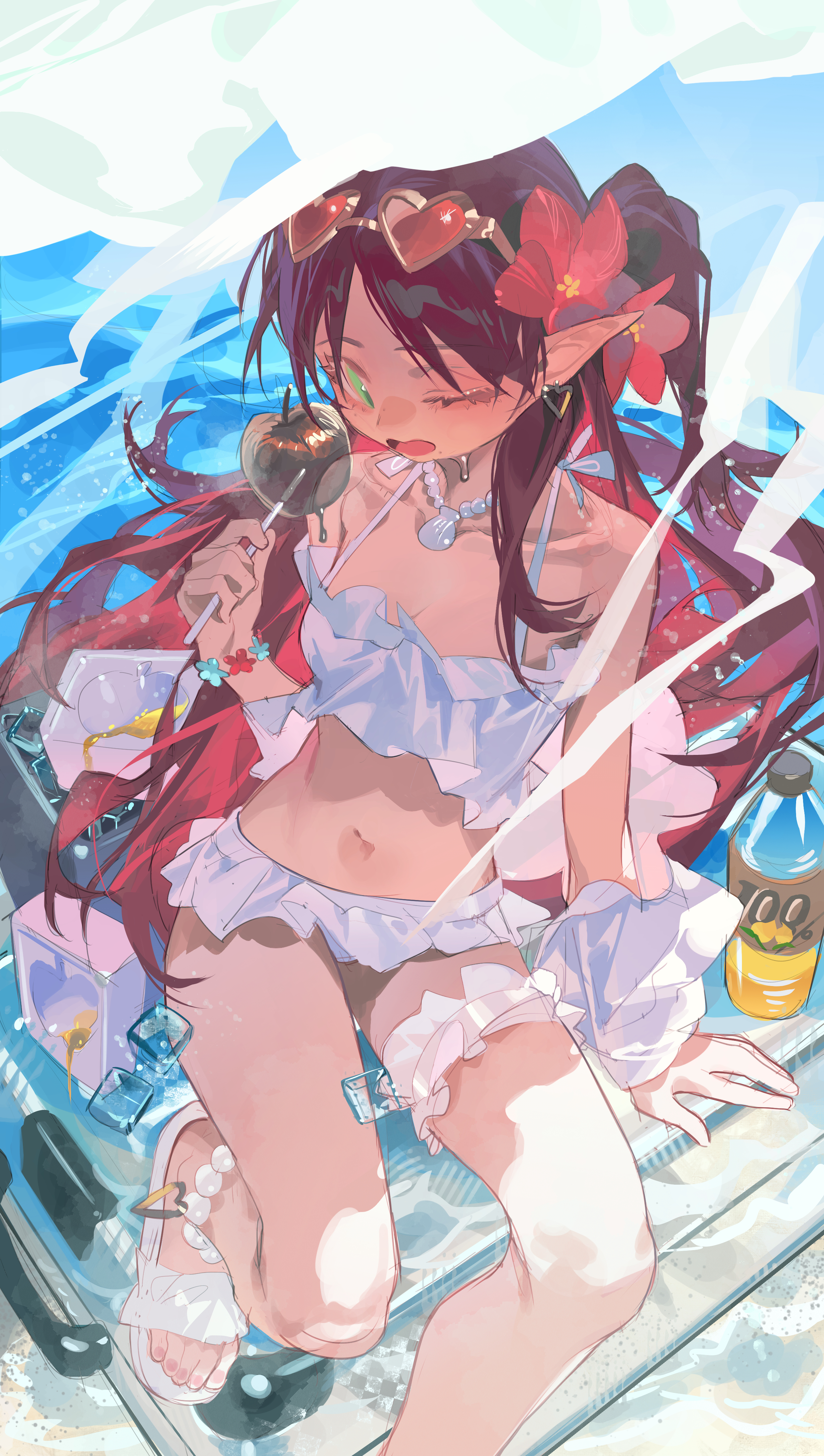 danbaofan omuless, myrtle (arknights), myrtle (summer flowers) (arknights), arknights, absurdres, highres, 1girl, bikini, earrings, eyewear on head, flower, food, frilled bikini, frills, green eyes, hair flower, hair ornament, heart, heart-shaped eyewear, holding, jewelry, long hair, necklace, one eye closed, open mouth, pointy ears, sandals, solo, sunglasses, swimsuit, white bikini