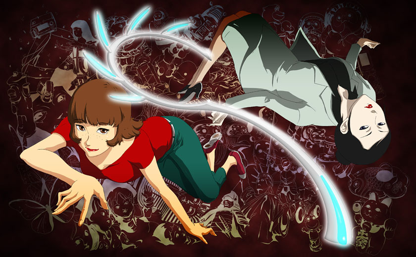 71 (nanaichi drafting), chiba atsuko, paprika (character), paprika, 00s, 2girls, black hair, brown eyes, brown hair, collarbone, colored skin, dual persona, freckles, lips, lipstick, long sleeves, looking at viewer, makeup, multiple girls, pants, shirt, skin tight, t-shirt, white skin