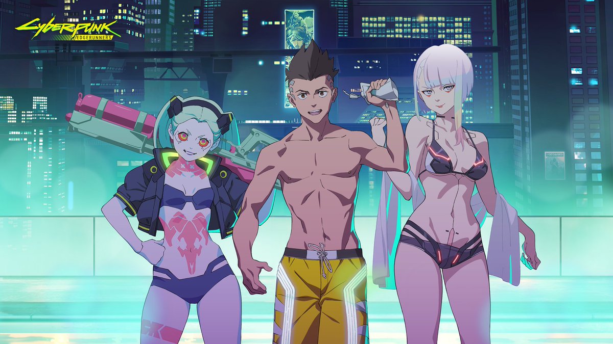 hagano yoshifumi, david martinez, lucy (cyberpunk), rebecca (cyberpunk), cd projekt red, cyberpunk: edgerunners, cyberpunk (series), trigger (company), official art, second-party source, 1boy, 2girls, bikini, black bikini, holding juice box, jacket, looking at viewer, multiple girls, night, open clothes, open jacket, pool, shorts, smile, swimsuit, water gun, yellow shorts