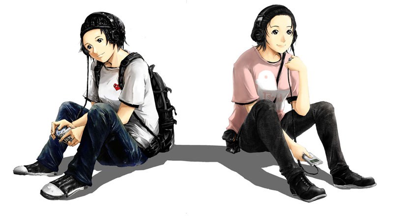 71 (nanaichi drafting), tagme, 2girls, bag, digital media player, headphones, ipod, ipod classic, ipod mini, multiple girls
