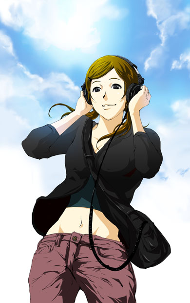 71 (nanaichi drafting), 1girl, bag, cloud, day, female focus, headphones, midriff, sky, solo, sun