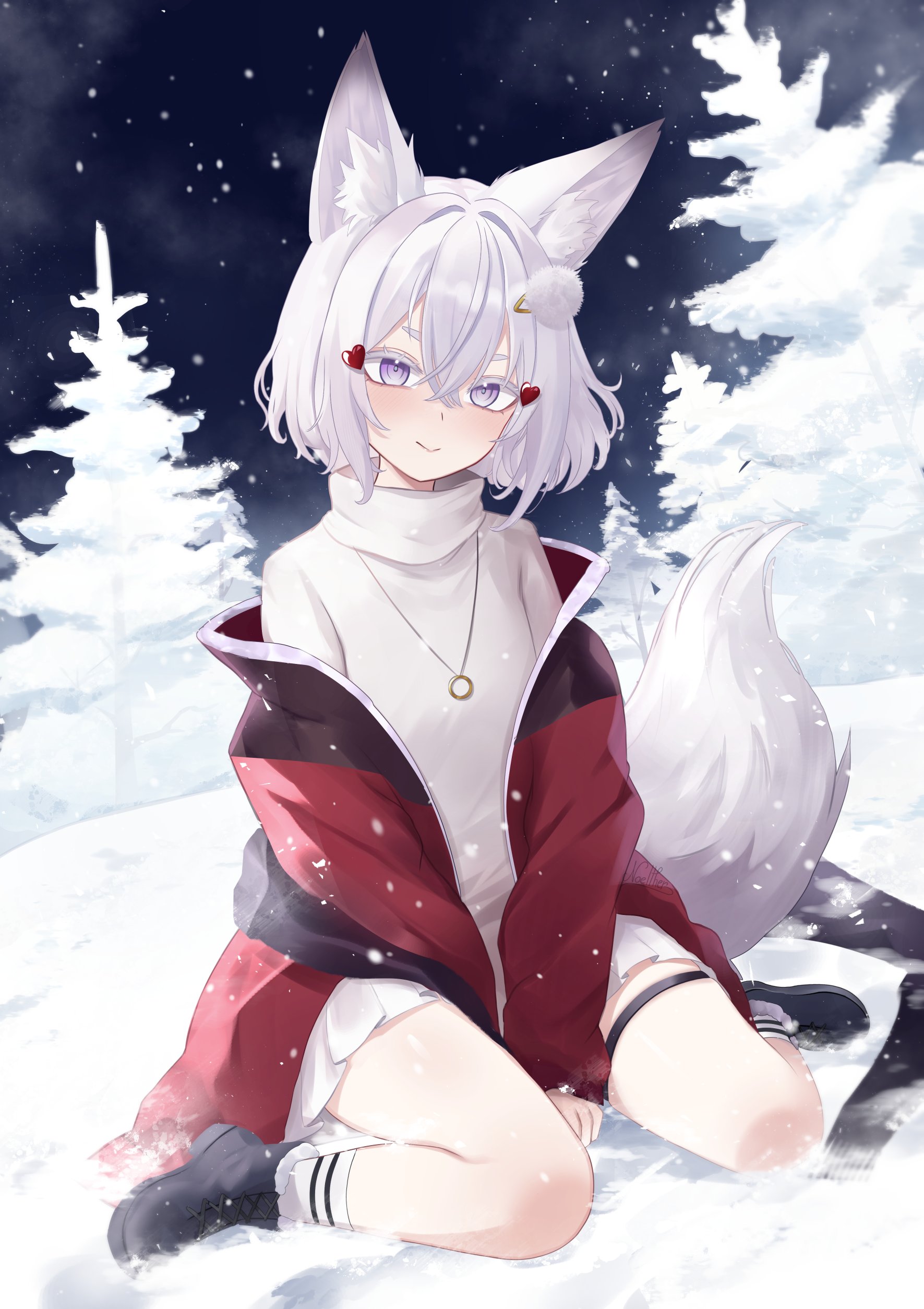 noelther (artist), tenma maemi, phase connect, absurdres, highres, 1girl, animal ears, ankle boots, between legs, blush, boots, fox ears, fox girl, fox tail, grey eyes, hair between eyes, hair ornament, hand between legs, heart, heart hair ornament, jacket, jewelry, looking at viewer, necklace, night, night sky, open clothes, open jacket, pleated skirt, ring, ring necklace, short hair, sitting, skirt, sky, smile, snow, snowing, sweater, tail, thigh strap, tree, wariza, white hair, white skirt