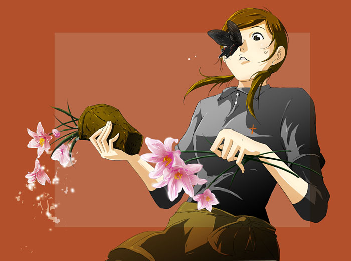 71 (nanaichi drafting), 1girl, bug, butterfly, female focus, flower, insect, lily (flower), sasa-yuri, solo, surprised, vase, water