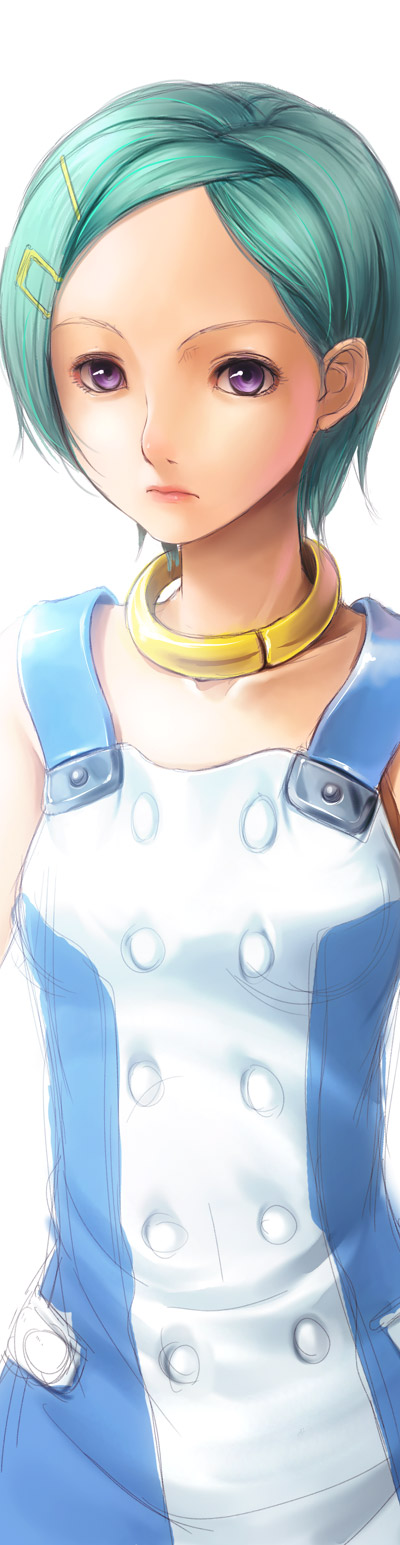 fugetsu taku, eureka (eureka seven), eureka seven, eureka seven (series), highres, long image, tall image, 00s, 1girl, aqua hair, breasts, buttons, closed mouth, collarbone, double-breasted, dress, expressionless, female focus, green hair, hair ornament, hairclip, lips, looking at viewer, pink lips, purple eyes, short hair, simple background, sleeveless, sleeveless dress, small breasts, solo, upper body