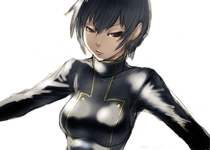 fumio (rsqkr), lelouch vi britannia, luluko, code geass, 00s, 1girl, androgynous, black hair, breasts, closed mouth, female focus, genderswap, genderswap (mtf), looking at viewer, medium breasts, outstretched arms, red eyes, school uniform, serious, short hair, simple background, skin tight, solo, upper body, white background