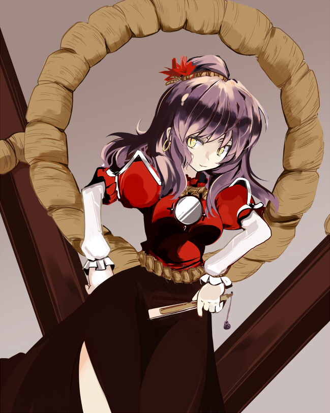 takaharu, yasaka kanako, touhou, 1girl, female focus, hair ornament, leaf, leaf hair ornament, rope, shimenawa, solo