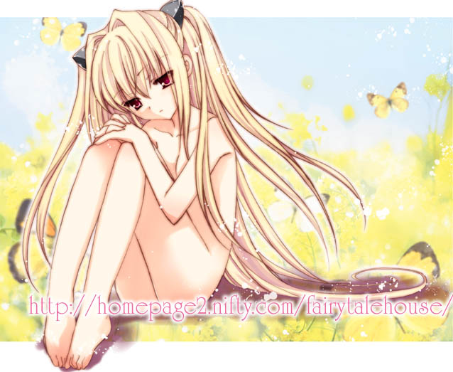 amou mari, konjiki no yami, to love-ru, 00s, 1girl, barefoot, blonde hair, bug, butterfly, feet, female focus, hugging own legs, insect, long hair, nude, red eyes, solo, twintails, two side up