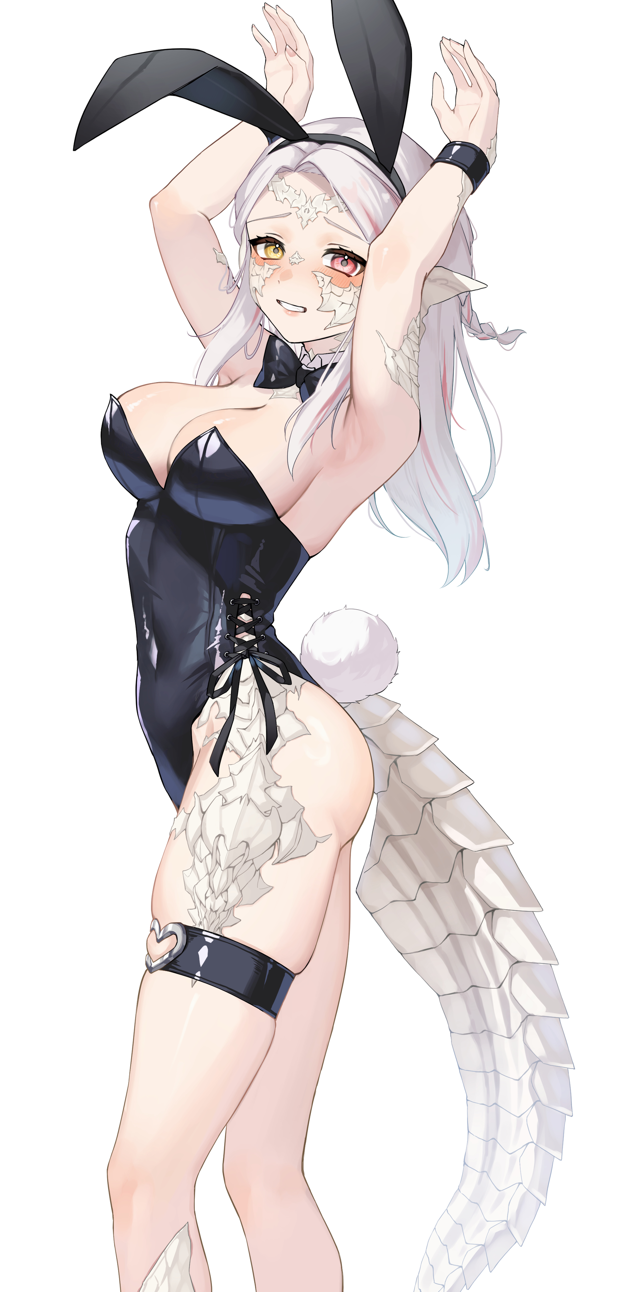 whamew33, warrior of light (ff14), final fantasy, final fantasy xiv, absurdres, commentary request, highres, 1girl, animal ears, armpits, au ra, black leotard, black wrist cuffs, blush, breasts, cleavage, dragon horns, dragon tail, embarrassed, fake animal ears, fake tail, from side, horns, large breasts, leotard, lips, looking at viewer, medium hair, open mouth, pink eyes, playboy bunny, rabbit ears, rabbit pose, rabbit tail, scales, simple background, solo, tail, teeth, thigh strap, white background, white hair, wrist cuffs, yellow eyes