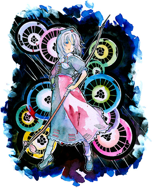 hino tomoyuki, yagokoro eirin, touhou, 1girl, bow (weapon), dress, female focus, full body, half-closed eyes, hand on own hip, solo, two-tone dress, weapon