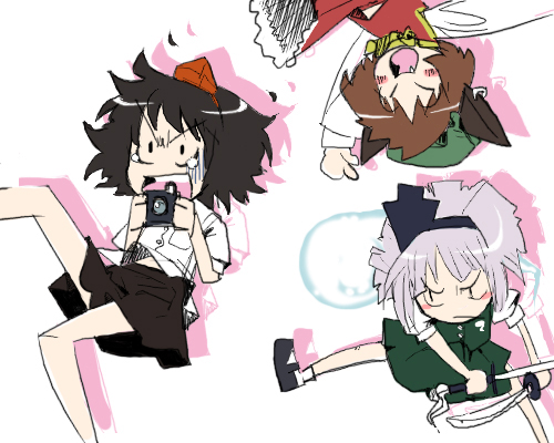 gengorou, chen, konpaku youmu, konpaku youmu (ghost), shameimaru aya, touhou, silver hair, lowres, 3girls, animal ears, black hair, brown hair, camera, cat ears, chibi, earrings, fang, female focus, hairband, hat, jewelry, katana, multiple girls, sword, tokin hat, weapon