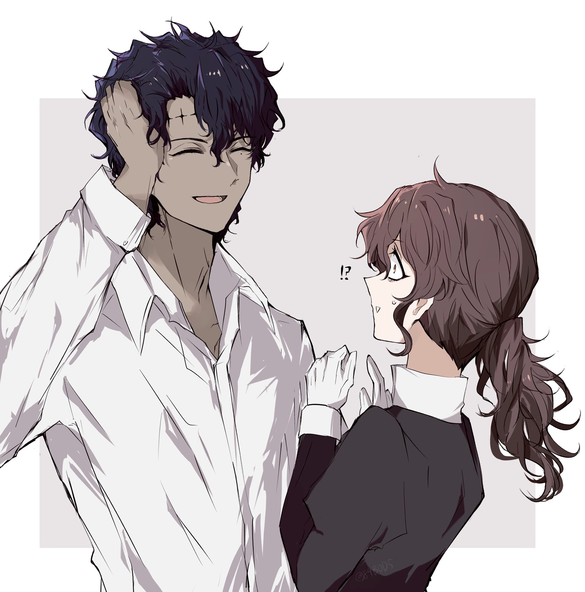 sodamachi, miranda lotto, tyki mikk, d.gray-man, commentary request, highres, !?, 1boy, 1girl, black dress, black hair, border, brown hair, closed eyes, collar, collared dress, collared shirt, colored skin, dress, dress shirt, facial mark, facing another, forehead mark, gloves, grey background, grey skin, hair between eyes, hand on own head, hand up, long hair, long sleeves, looking at another, low ponytail, mature female, mature male, messy hair, mole, mole under eye, noah (d.gray-man), outside border, parted lips, ponytail, profile, puffy sleeves, shirt, short hair, sidelocks, simple background, smile, surprised, sweat, sweatdrop, wavy hair, white border, white collar, white gloves, white shirt, white wrist cuffs, wrist cuffs