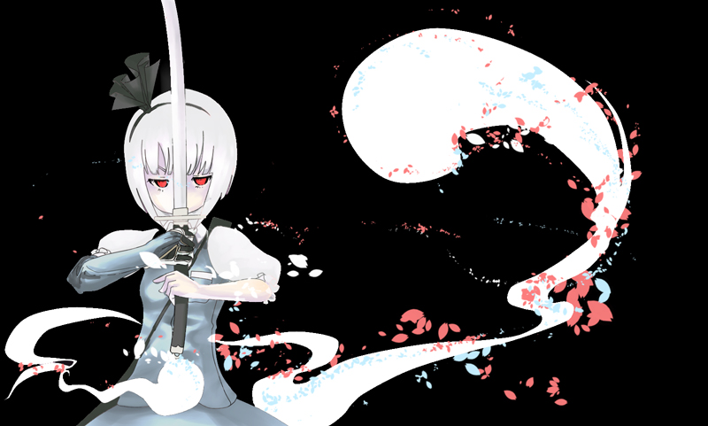 suzuki ritsu, konpaku youmu, konpaku youmu (ghost), touhou, 1girl, female focus, hitodama, katana, solo, sword, weapon