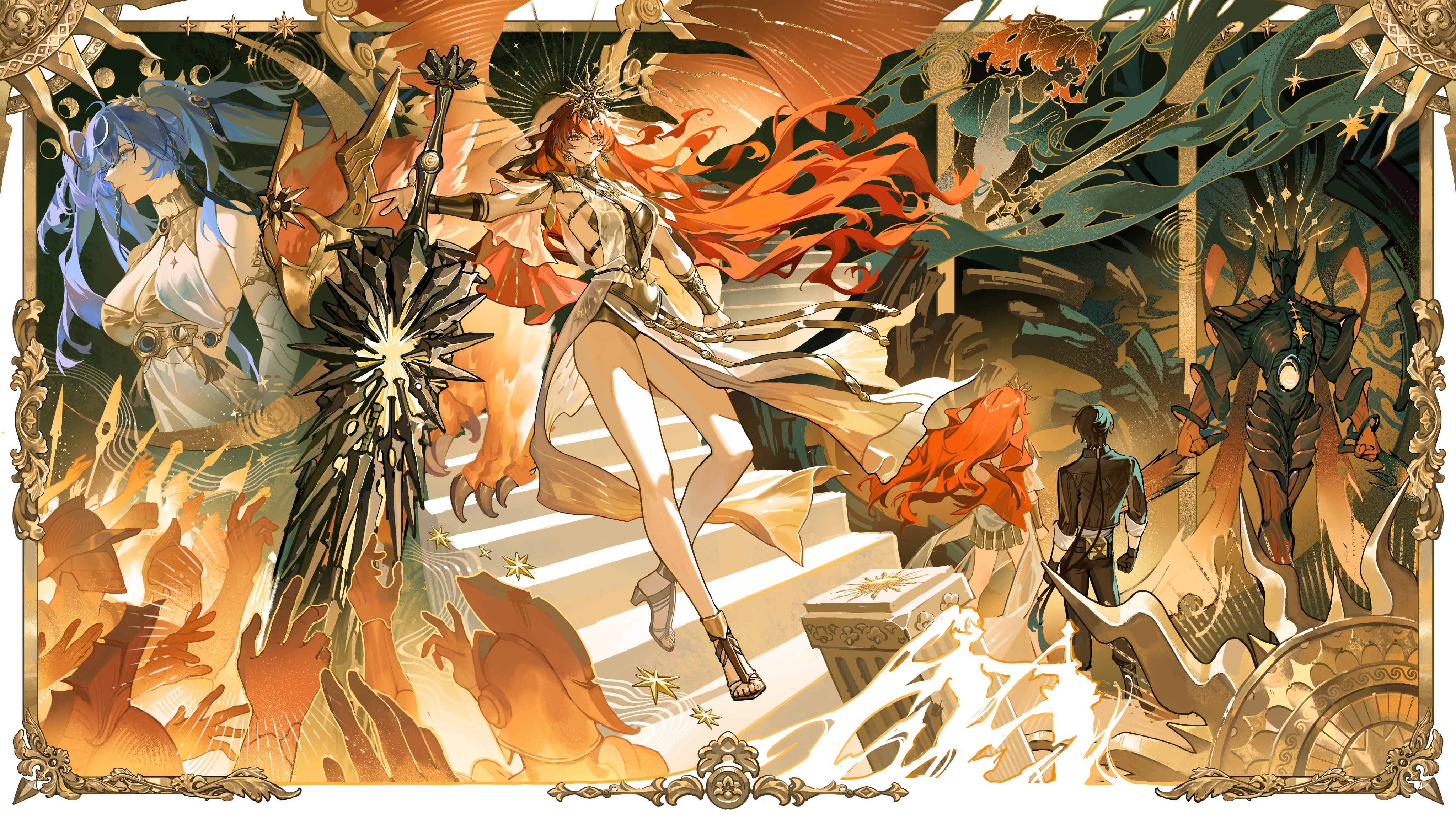 muoi, augusta (wuthering waves), iuno (wuthering waves), male rover (wuthering waves), rover (wuthering waves), wuthering waves, absurdres, commentary, english commentary, highres, 1boy, 2girls, ancient greek clothes, arm armor, armor, bare legs, bare shoulders, black jacket, blue hair, breastplate, breasts, cleavage, dress, gold bra, greatsword, greco-roman clothes, head wreath, headgear, holding, holding sword, holding weapon, jacket, legs, long hair, medium breasts, multiple girls, orange hair, sword, tacet discord (wuthering waves), thighs, very long hair, weapon, white dress