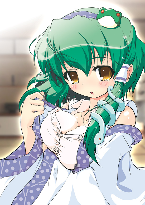 naitou satoshi, kochiya sanae, touhou, 1girl, :o, blush, breasts, cleavage, female focus, green hair, hair ornament, hairband, japanese clothes, large breasts, polka dot, snake, solo, yellow eyes