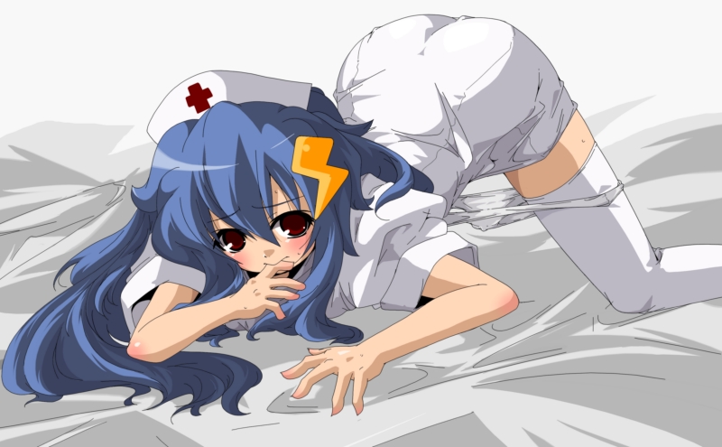 yamazaki kazu, original, bad id, bad pixiv id, 1girl, all fours, ass, blue hair, blush, female focus, hat, nurse, panties, panty pull, red eyes, solo, thighhighs, underwear