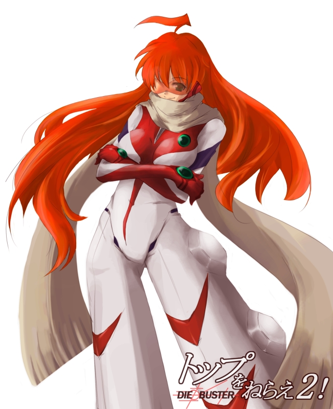 yamazaki kazu, buster machine 7, nono (top wo nerae 2!), top wo nerae! (series), top wo nerae 2!, bad id, bad pixiv id, 00s, 1girl, ahoge, bodysuit, female focus, glasses, long hair, red hair, scarf, solo, standing