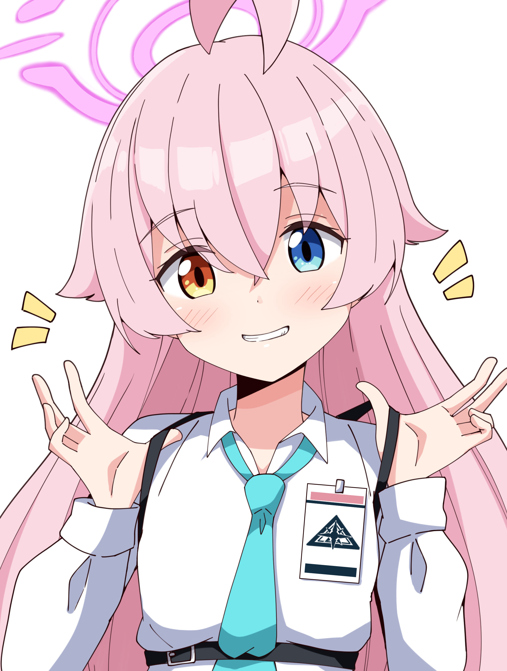 aikawa ryou, hoshino (blue archive), blue archive, absurdres, highres, 1girl, ahoge, blue eyes, blue necktie, blush, collared shirt, grin, hair between eyes, halo, hands up, heterochromia, long hair, long sleeves, necktie, notice lines, orange eyes, pink hair, puffy long sleeves, puffy sleeves, shirt, simple background, smile, solo, upper body, white background, white shirt
