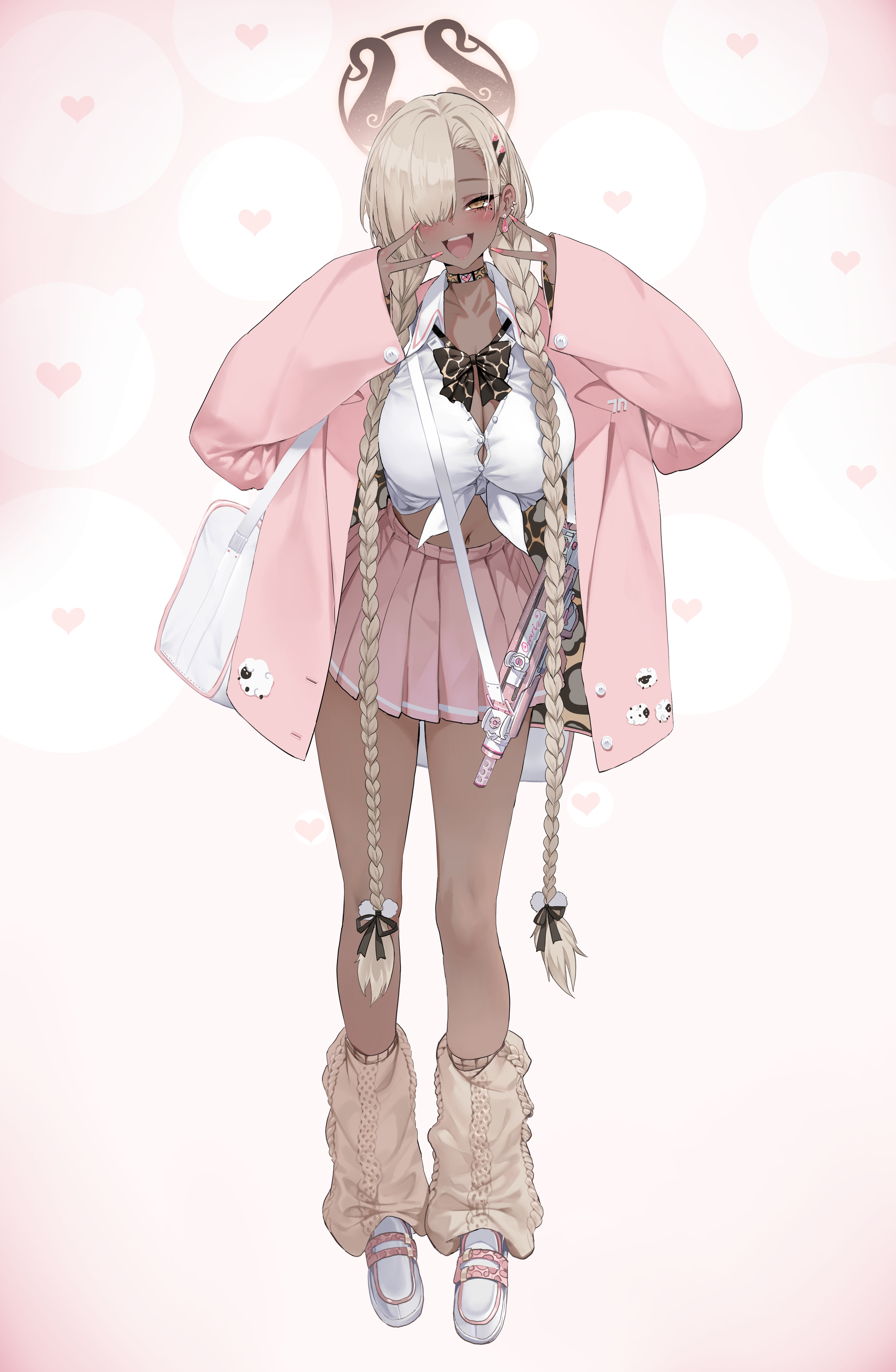 dishwasher1910, owari (azur lane), azur lane, absurdres, highres, variant set, 1girl, alternate costume, black choker, blonde hair, blush, braid, breasts, choker, cleavage, collared shirt, dark-skinned female, dark skin, double v, full body, gun, hair ornament, hair over one eye, hairclip, hands up, jacket, large breasts, long sleeves, looking at viewer, miniskirt, nail polish, navel, one eye covered, open clothes, open jacket, open mouth, pink jacket, pink nails, pink skirt, pleated skirt, shirt, skirt, smile, standing, thighs, twin braids, v, weapon, white shirt, yellow eyes