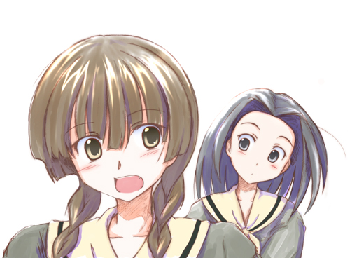 sasaki akira (ugc), arima nana, nijou noriko, shimazu yoshino, maria-sama ga miteru, lowres, 00s, 2girls, :o, black hair, braid, brown hair, collarbone, green eyes, head tilt, looking at viewer, multiple girls, neckerchief, open mouth, sailor collar, school uniform, serafuku, surprised, twin braids