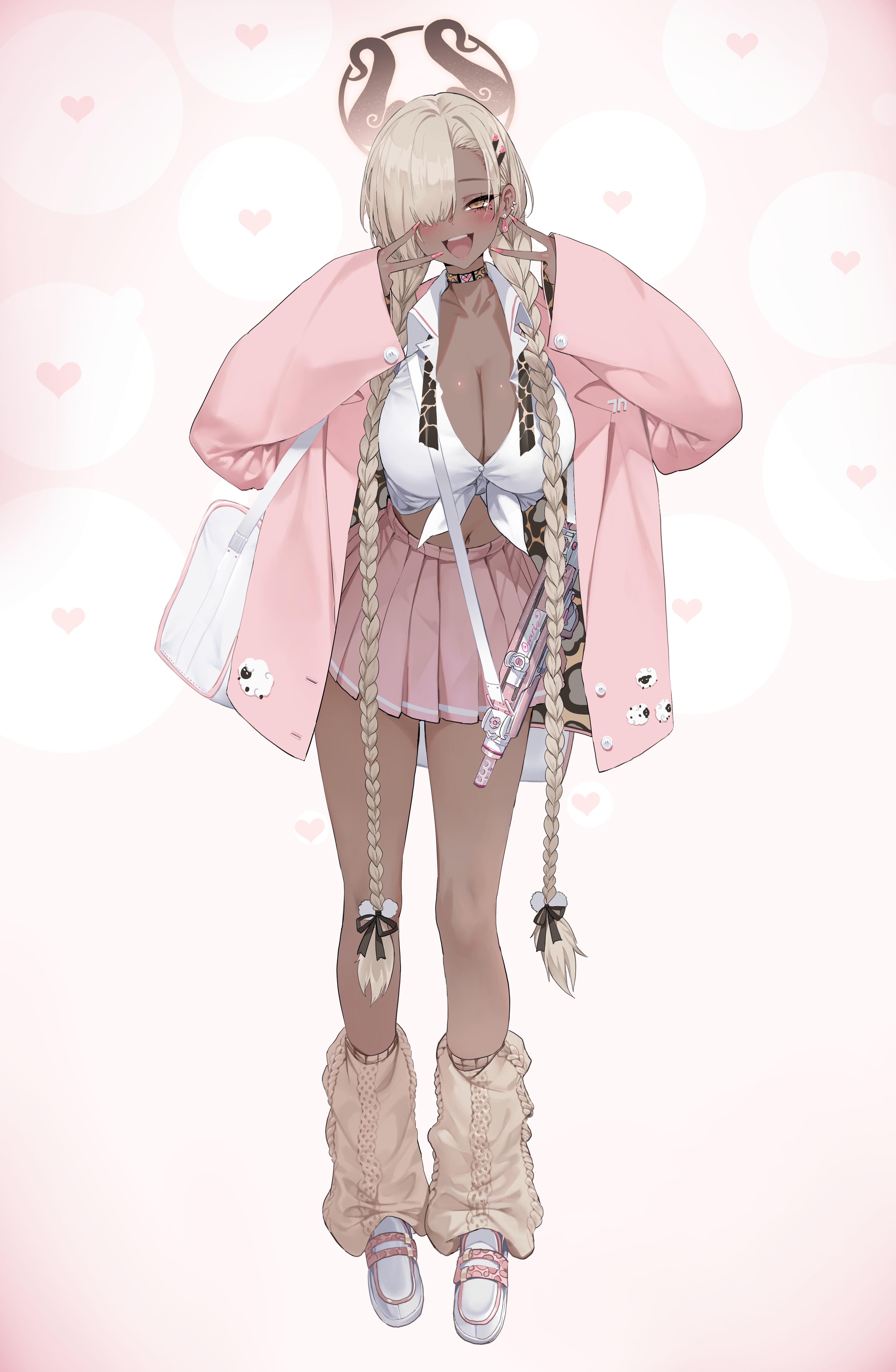 dishwasher1910, owari (azur lane), azur lane, absurdres, highres, 1girl, alternate costume, black choker, blonde hair, blush, braid, breasts, choker, cleavage, collared shirt, dark-skinned female, dark skin, double v, full body, gun, hair ornament, hair over one eye, hairclip, hands up, jacket, large breasts, long sleeves, looking at viewer, miniskirt, nail polish, navel, one eye covered, open clothes, open jacket, open mouth, pink jacket, pink nails, pink skirt, pleated skirt, shirt, skirt, smile, standing, thighs, twin braids, v, weapon, white shirt, yellow eyes