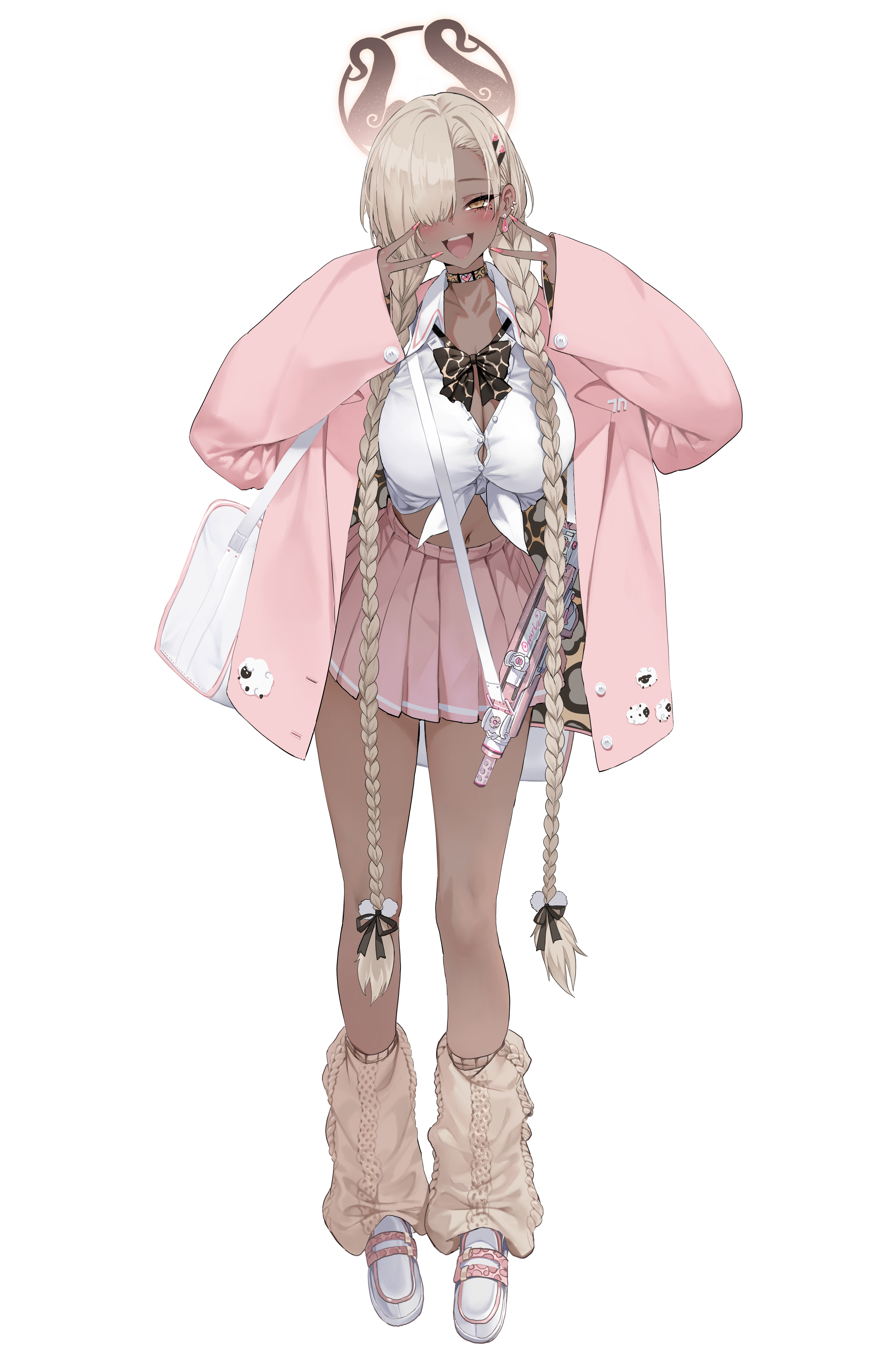 dishwasher1910, owari (azur lane), azur lane, absurdres, highres, 1girl, alternate costume, black choker, blonde hair, blush, braid, breasts, choker, cleavage, collared shirt, dark-skinned female, dark skin, double v, full body, gun, hair ornament, hair over one eye, hairclip, hands up, jacket, large breasts, long sleeves, looking at viewer, miniskirt, nail polish, navel, one eye covered, open clothes, open jacket, open mouth, pink jacket, pink nails, pink skirt, pleated skirt, shirt, skirt, smile, standing, thighs, twin braids, v, weapon, white shirt, yellow eyes