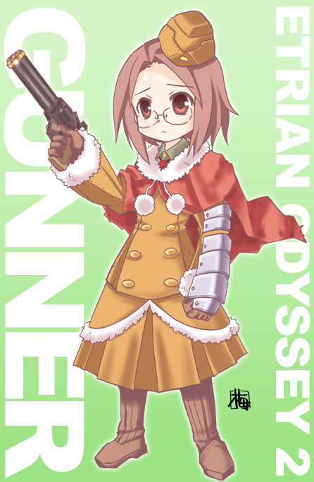 kairakuen umenoka, gunner (sekaiju), gunner 4 (sekaiju), atlus, etrian odyssey, 1girl, boots, brown boots, brown gloves, female focus, full body, garrison cap, gloves, green background, gun, handgun, hat, holding, holding weapon, knee boots, long sleeves, pistol, pom pom (clothes), poncho, red eyes, red hair, short hair, simple background, solo, standing, weapon