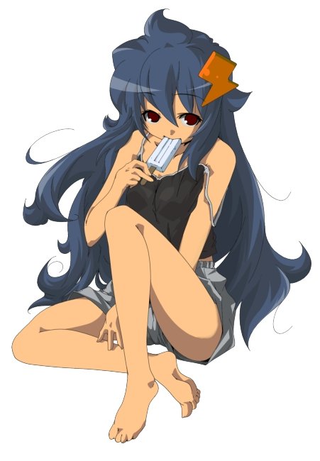 yamazaki kazu, original, bad id, bad pixiv id, barefoot, blue hair, eating, feet, food, hair between eyes, long hair, popsicle, red eyes, simple background, sitting, solo, strap slip, tank top, white background