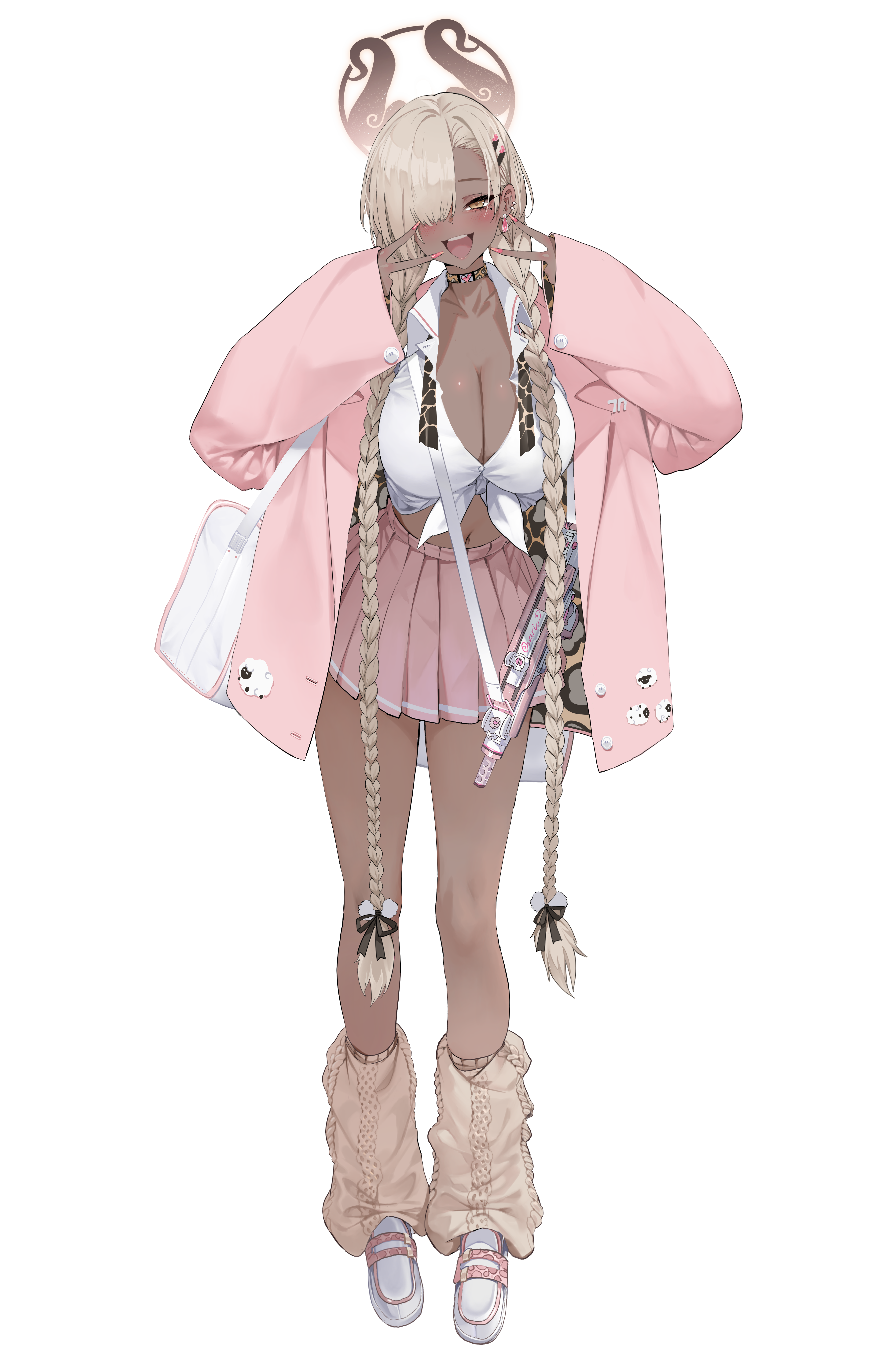 dishwasher1910, owari (azur lane), azur lane, absurdres, highres, 1girl, alternate costume, black choker, blonde hair, blush, braid, breasts, choker, cleavage, collared shirt, dark-skinned female, dark skin, double v, full body, gun, hair ornament, hair over one eye, hairclip, hands up, jacket, large breasts, long sleeves, looking at viewer, miniskirt, nail polish, navel, one eye covered, open clothes, open jacket, open mouth, pink jacket, pink nails, pink skirt, pleated skirt, shirt, skirt, smile, standing, thighs, twin braids, v, weapon, white shirt, yellow eyes