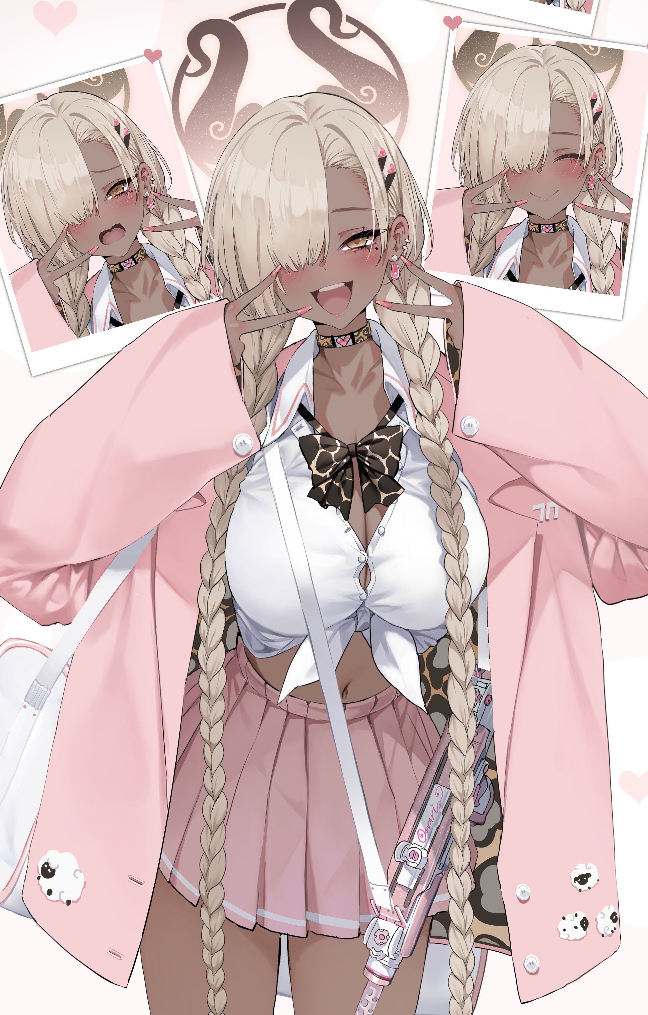 dishwasher1910, owari (azur lane), azur lane, absurdres, highres, 1girl, alternate costume, black choker, blonde hair, blush, braid, breasts, choker, cleavage, collared shirt, cowboy shot, dark-skinned female, dark skin, double v, gun, hair ornament, hair over one eye, hairclip, hands up, jacket, large breasts, long sleeves, looking at viewer, miniskirt, nail polish, navel, one eye covered, open clothes, open jacket, open mouth, pink jacket, pink nails, pink skirt, pleated skirt, shirt, skirt, smile, twin braids, v, weapon, white shirt, yellow eyes