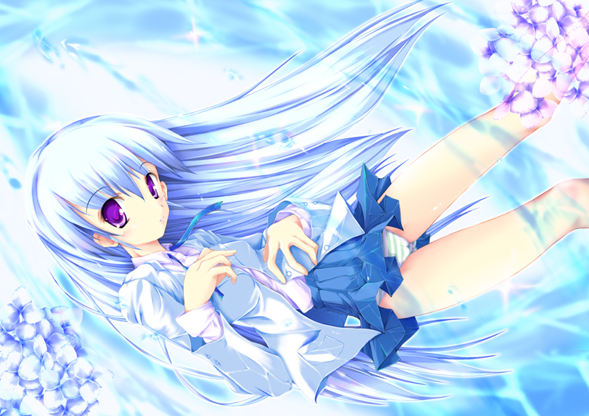 kuon itsuki, bad id, bad pixiv id, blue hair, panties, purple eyes, solo, striped clothes, striped panties, underwear, wet