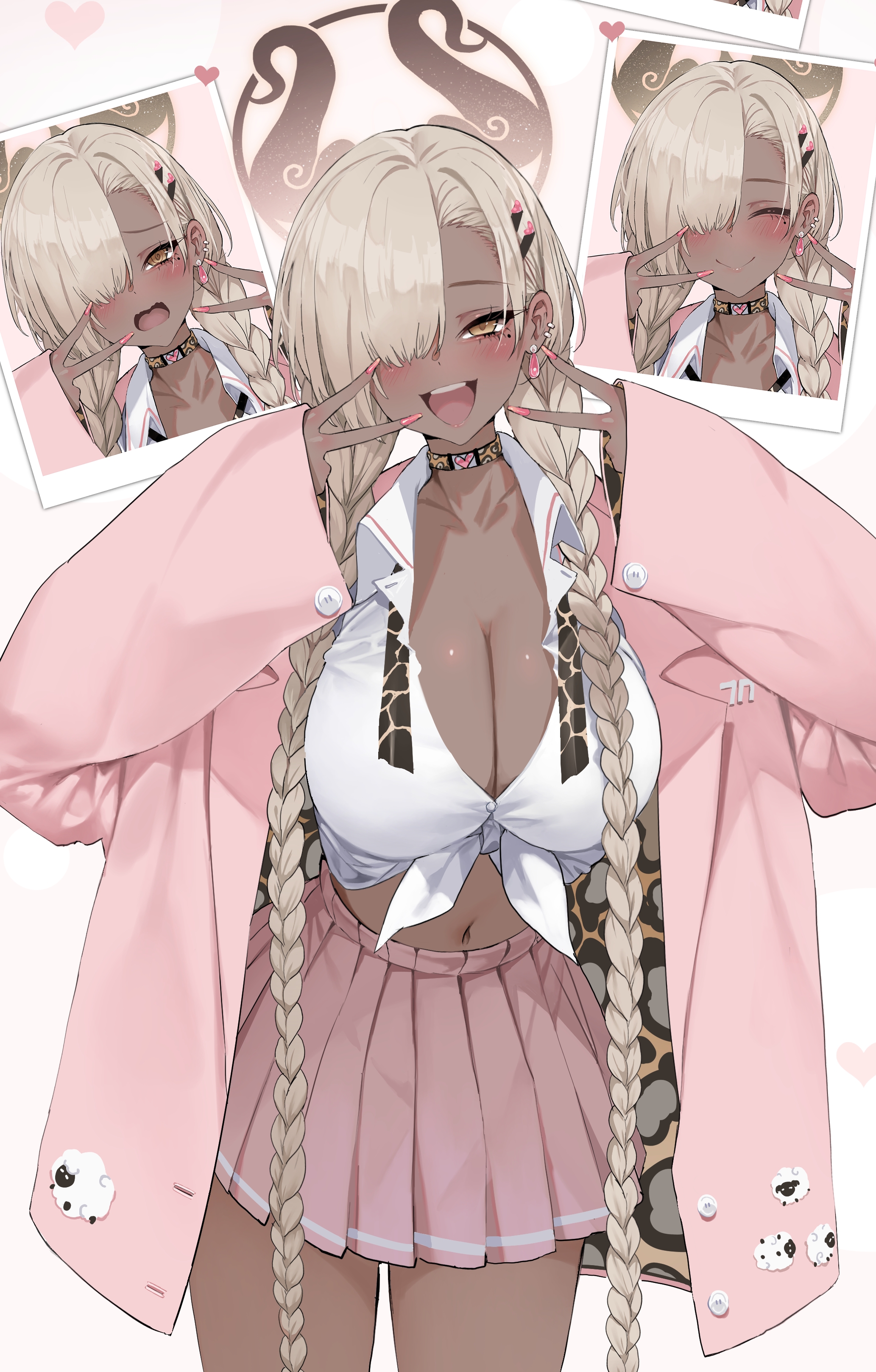 dishwasher1910, owari (azur lane), azur lane, absurdres, highres, 1girl, alternate costume, black choker, blonde hair, blush, braid, breasts, choker, cleavage, collared shirt, cowboy shot, dark-skinned female, dark skin, double v, hair ornament, hair over one eye, hairclip, hands up, jacket, large breasts, long sleeves, looking at viewer, miniskirt, nail polish, navel, one eye covered, open clothes, open jacket, open mouth, pink jacket, pink nails, pink skirt, pleated skirt, shirt, skirt, smile, twin braids, v, white shirt, yellow eyes