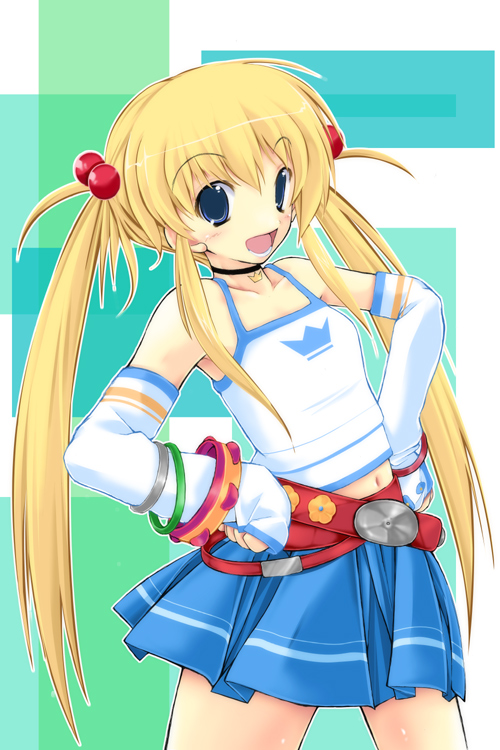kuon itsuki, amatsuka rikka, baby princess, bad id, bad pixiv id, 10s, belt, blonde hair, blue eyes, hair bobbles, hair ornament, midriff, skirt, solo, twintails