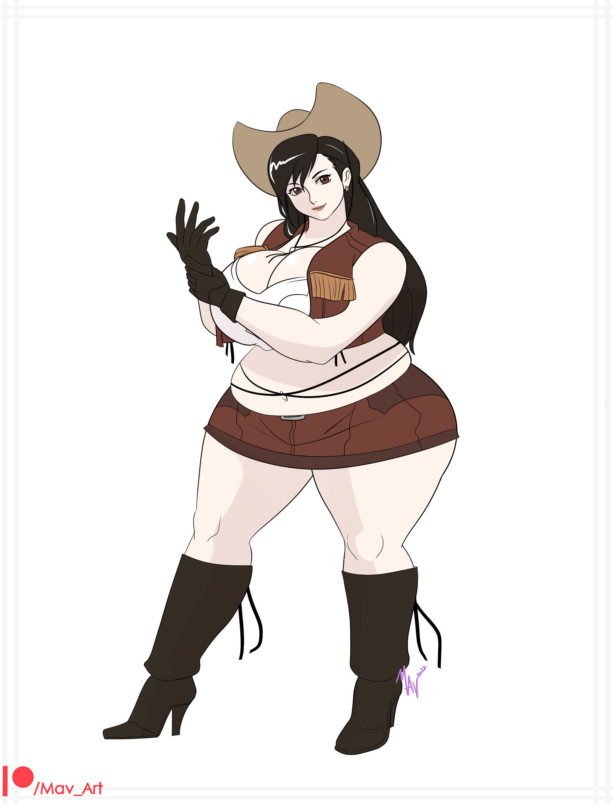 m-a-v-e-r-i-c-k, tifa lockhart, final fantasy, final fantasy vii, absurdres, highres, 1girl, boots, breasts, closed mouth, cowboy hat, earrings, female focus, full body, gloves, hat, high heel boots, high heels, huge breasts, jewelry, long hair, looking at viewer, navel, plump, skirt, solo, thick thighs, thighs, vest, wide hips