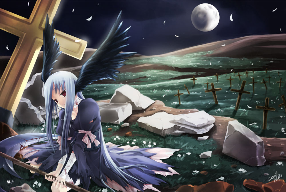kaiji nekotsuki, nekou izuru, original, bad id, bad pixiv id, 1girl, bandages, blood, blue hair, cross, dress, female focus, graveyard, head tilt, head wings, latin cross, moon, night, outdoors, petals, red eyes, rock, scythe, sitting, sky, solo, torn clothes, wariza, wings