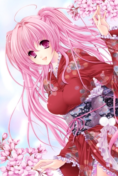 hagiwara rin, bad id, bad pixiv id, 1girl, ahoge, breasts, cherry blossoms, dutch angle, female focus, frills, hair between eyes, japanese clothes, kimono, large breasts, long sleeves, looking at viewer, obi, open mouth, pink eyes, pink hair, ribbon, sash, smile, solo, twintails