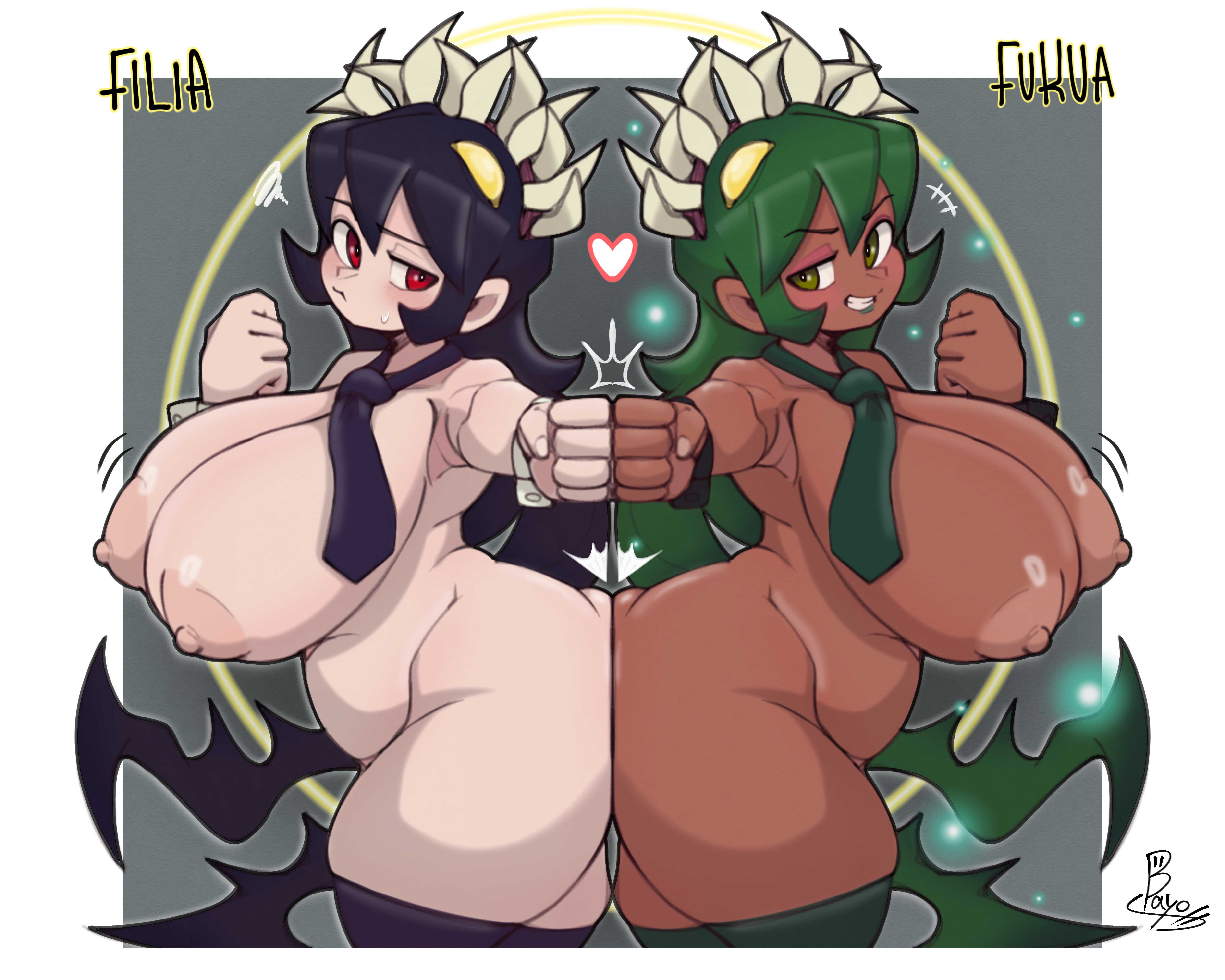 doctor5648, filia (skullgirls), fukua (skullgirls), samson (skullgirls), skullgirls, 2girls, ass-to-ass, black hair, breasts, dark-skinned female, dark skin, frown, green eyes, green hair, grin, huge breasts, multiple girls, nipples, nude, plump, prehensile hair, puffy nipples, red eyes, smile, thick thighs, thighhighs, thighs