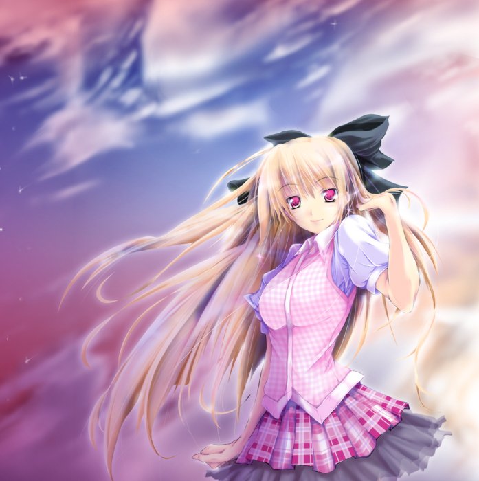 kuon itsuki, bad id, bad pixiv id, blonde hair, blouse, long hair, red eyes, shirt, skirt, solo, vest
