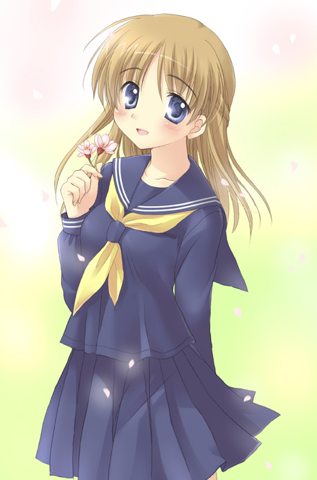 koyuki (2smj), koyuki (artist), original, plaid, 1girl, :d, black serafuku, blue eyes, blue sailor collar, blue serafuku, blue skirt, brown hair, cowboy shot, female focus, green background, long sleeves, looking at viewer, open mouth, sailor collar, school uniform, serafuku, short hair, simple background, skirt, smile, solo, standing