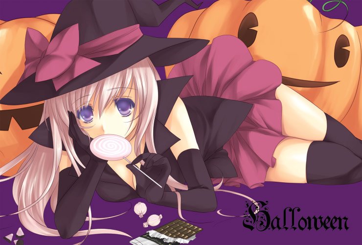 ayase hazuki, original, 1girl, candy, chocolate, female focus, food, halloween, hat, jack-o'-lantern, pumpkin, solo, thighhighs, witch hat