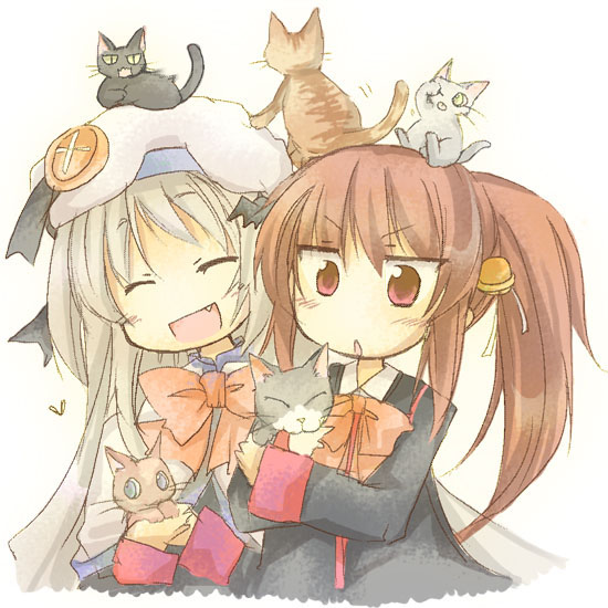 furui suguri, natsume rin, noumi kudryavka, little busters!, silver hair, 2girls, animal, animal on head, bell, brown hair, buttons, cat, cat on head, closed eyes, fang, hat, large buttons, long hair, multiple girls, on head, open mouth, ponytail, red eyes
