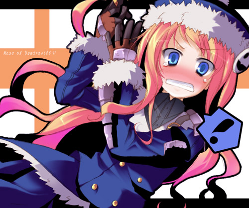 utsurogi angu, gunner (sekaiju), gunner 2 (sekaiju), jack frost (megami tensei), atlus, etrian odyssey, lowres, 1girl, blonde hair, blush, female focus, gun, hat, solo, weapon