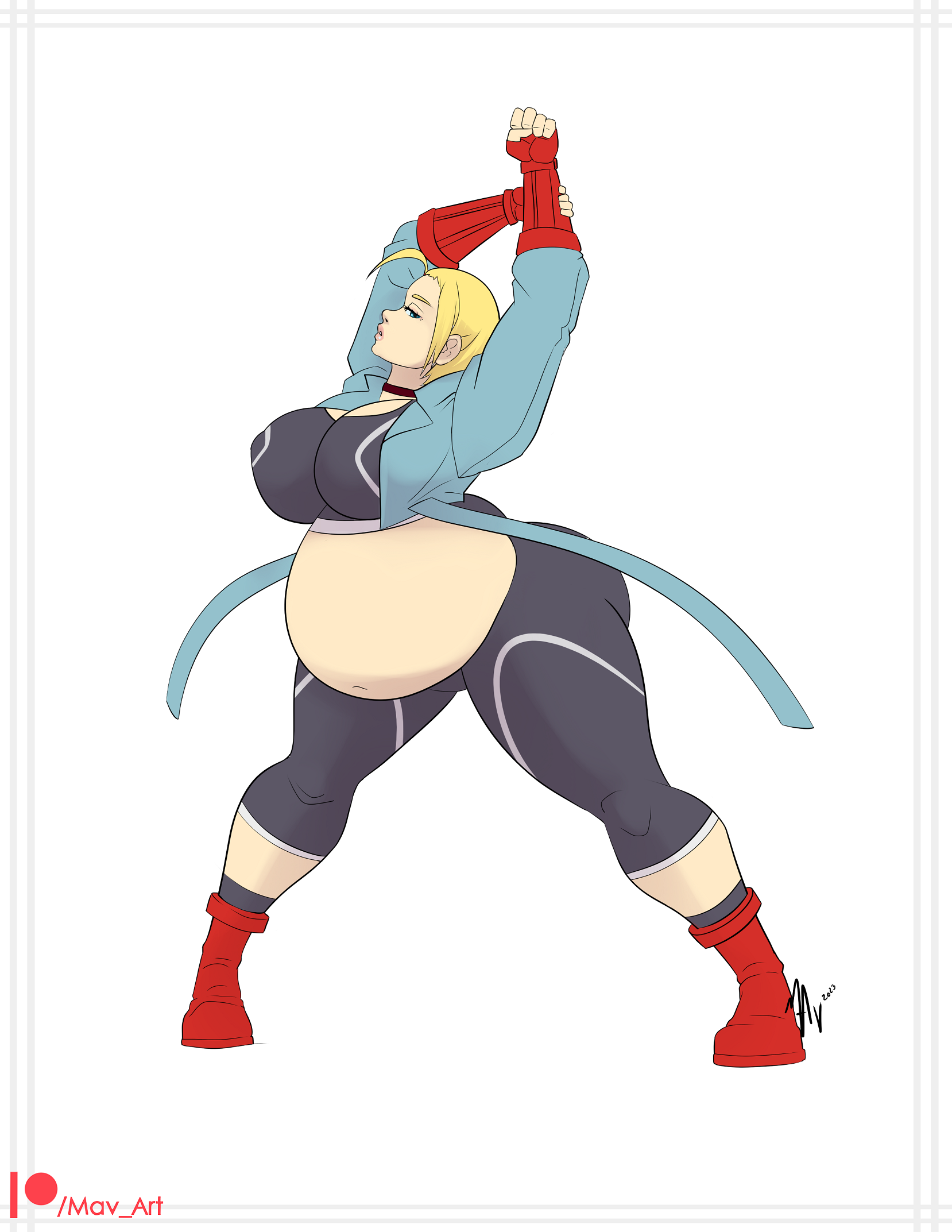 m-a-v-e-r-i-c-k, cammy white, capcom, street fighter, street fighter 6, absurdres, highres, 1girl, arms up, ass, blonde hair, blue eyes, boots, breasts, choker, curvy, fat, female focus, fingerless gloves, full body, gloves, huge ass, huge breasts, lips, looking at viewer, navel, short hair, solo, thick thighs, thighs, wide hips