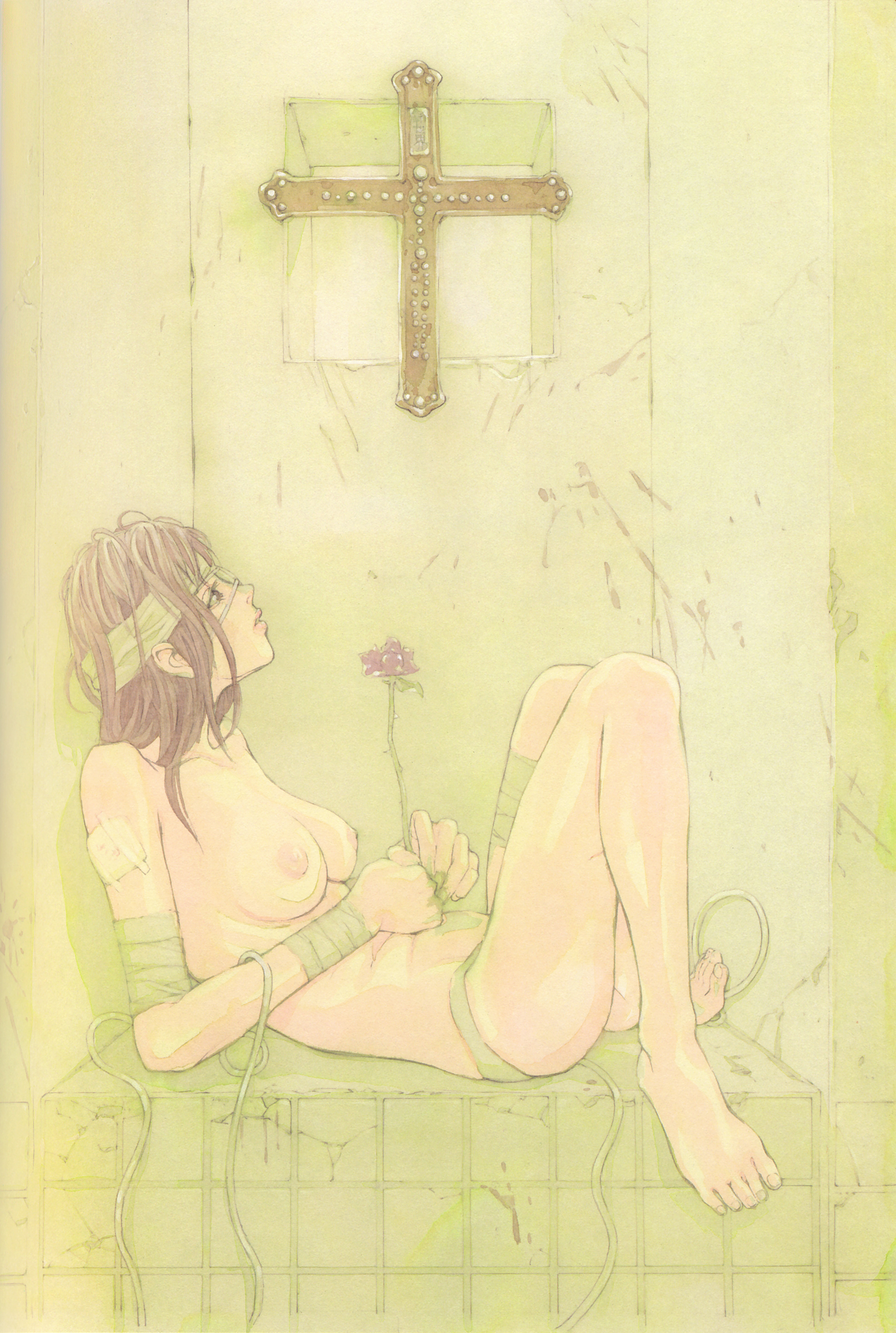 sho-u tajima, absurdres, highres, traditional media, 1girl, bandages, barefoot, breasts, cross, female focus, flower, girls on light velocity, latin cross, medium breasts, rose, solo, topless female