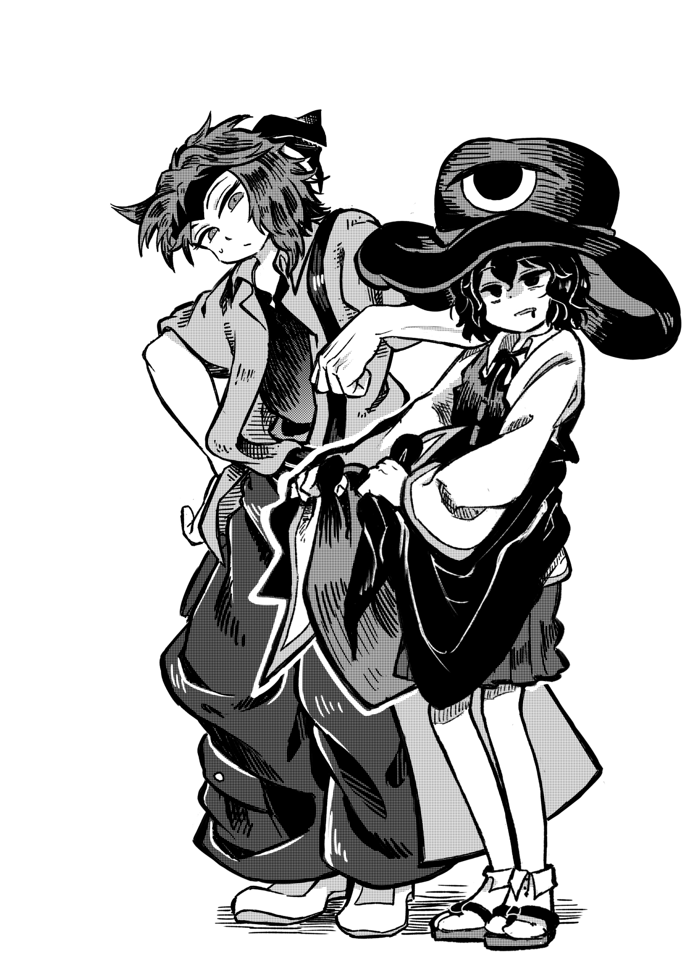 chikafumikou, enraku tsubakura, kurohebi, len'en, commentary request, highres, 2others, androgynous, baggy pants, bare legs, coat, coat hold, collared coat, collared shirt, collared socks, eye of senri, full body, greyscale, hair between eyes, hakama, hakama short skirt, hakama skirt, hand on own hip, hat, head tilt, headband, height difference, holding, japanese clothes, liquid from mouth, long sleeves, looking at another, messy hair, monochrome, multiple others, neck ribbon, open clothes, open coat, other focus, pants, parent and child, parted lips, ribbon, ribbon-trimmed coat, ribbon trim, sandals, shaded face, shadow, shirt, shoes, short hair, sick, simple background, skirt, sleeveless, sleeveless coat, standing, sweatdrop, tabi, top hat, white background, wide sleeves, worried, zouri